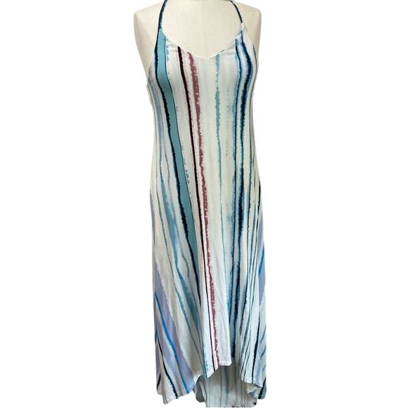 Antibes Blanc X Anthro Beachy Watercolor Artistic Striped High Low Maxi Dress - Picture 1 of 10
